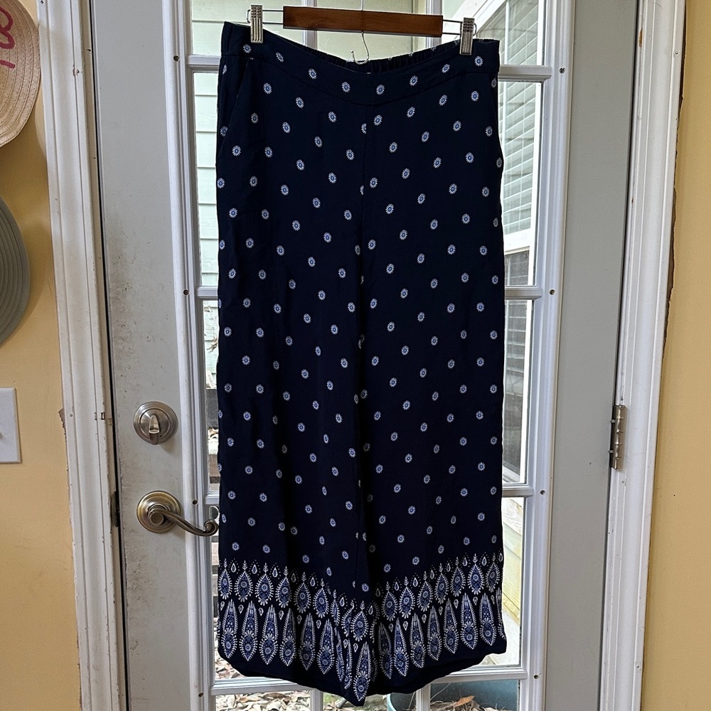 LOFT Navy and White Printed Wide-Leg Pants